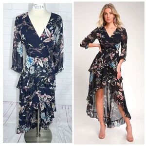 👗|•LULUS•| Stunning Carrie Navy Blue Floral Print Ruffled High-Low Dress